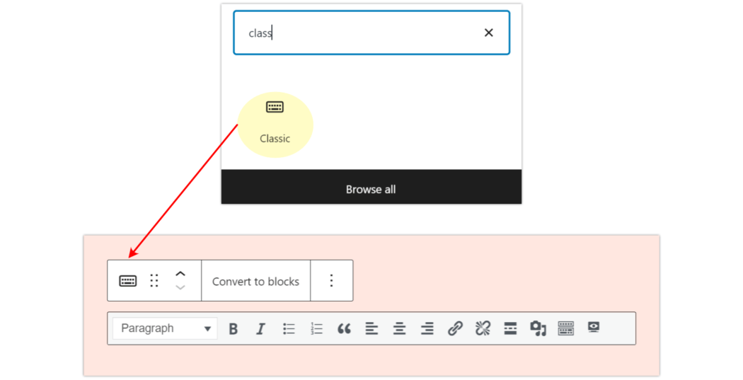 The Classic Editor as a block in Gutenberg.