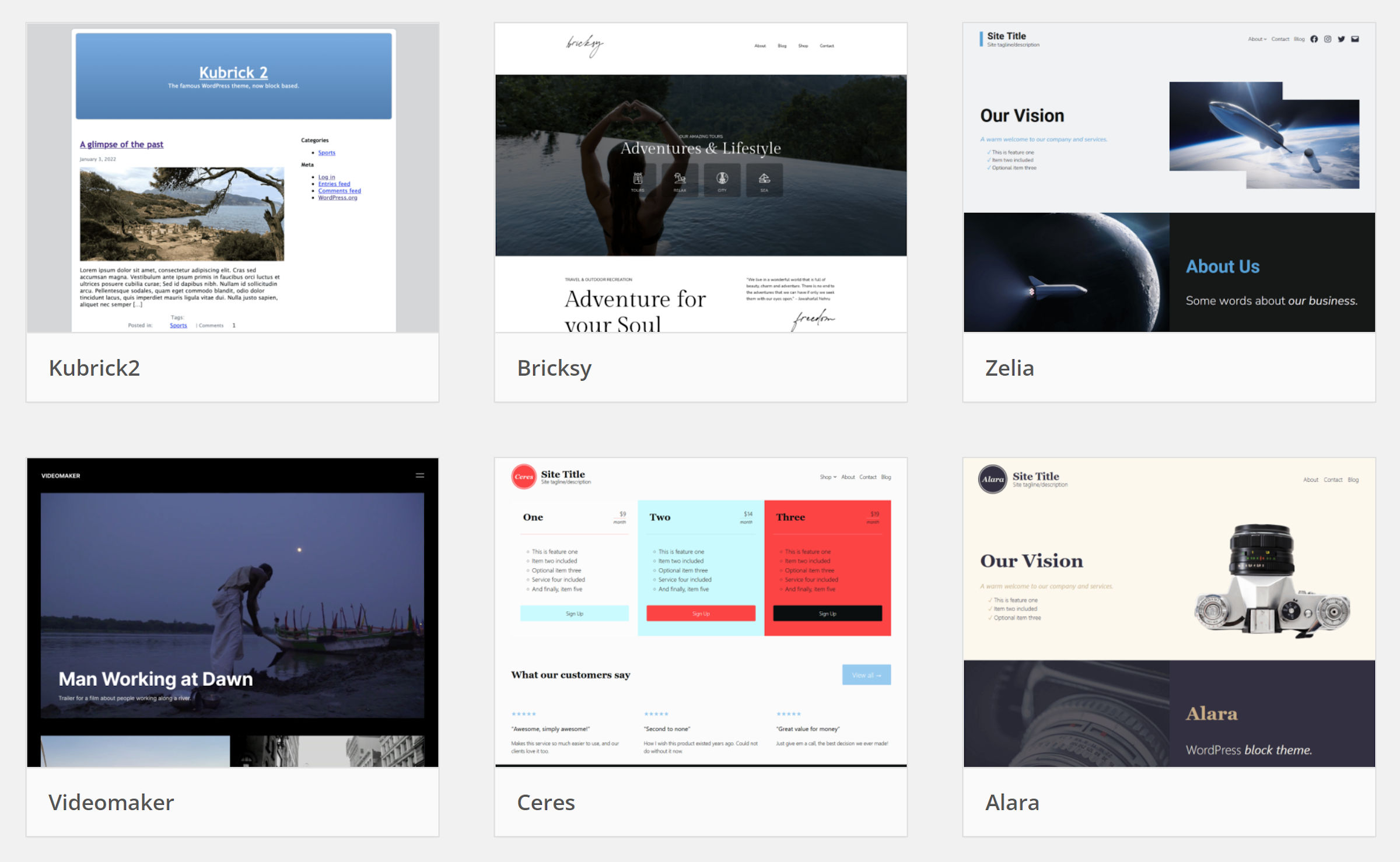 Three-row grid of three columns. Each shows a WordPress theme screenshot and its name.