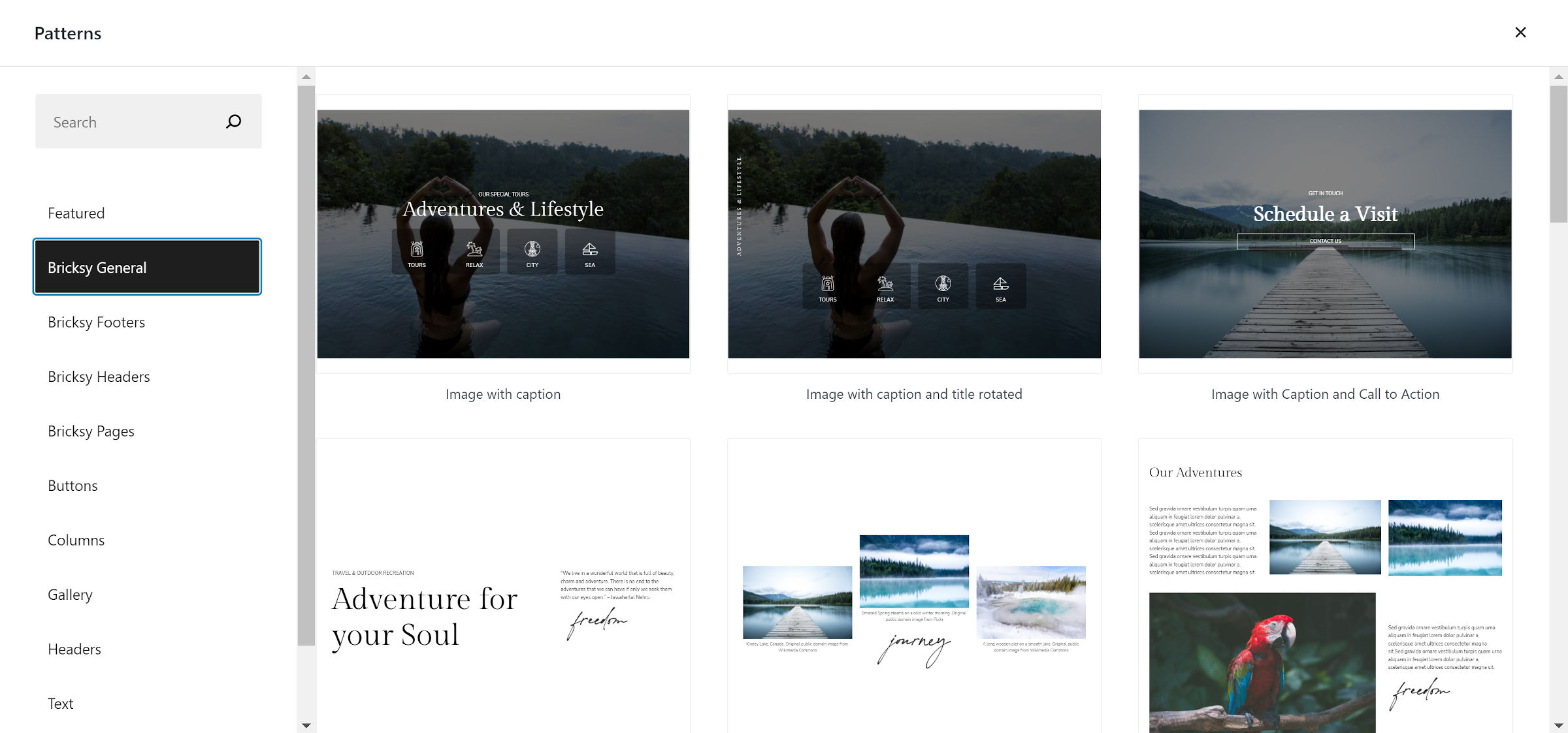 WordPress block pattern explorer, which displays a categories panel on the left and a three-column grid of patterns on the right.