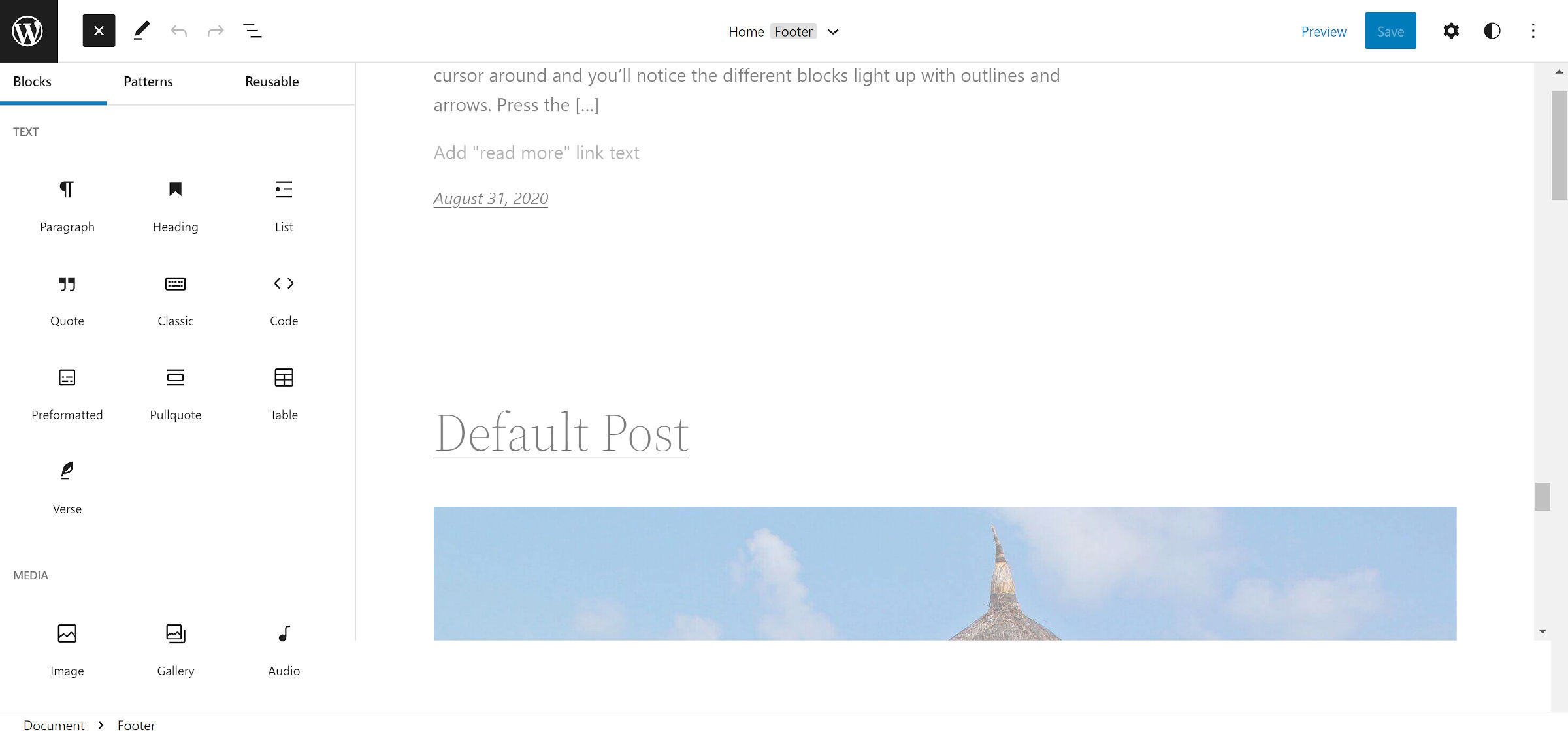 WordPress site editor. Inserter is missing its scrollbar, and the canvas has a fixed height and scrollbar of its own.