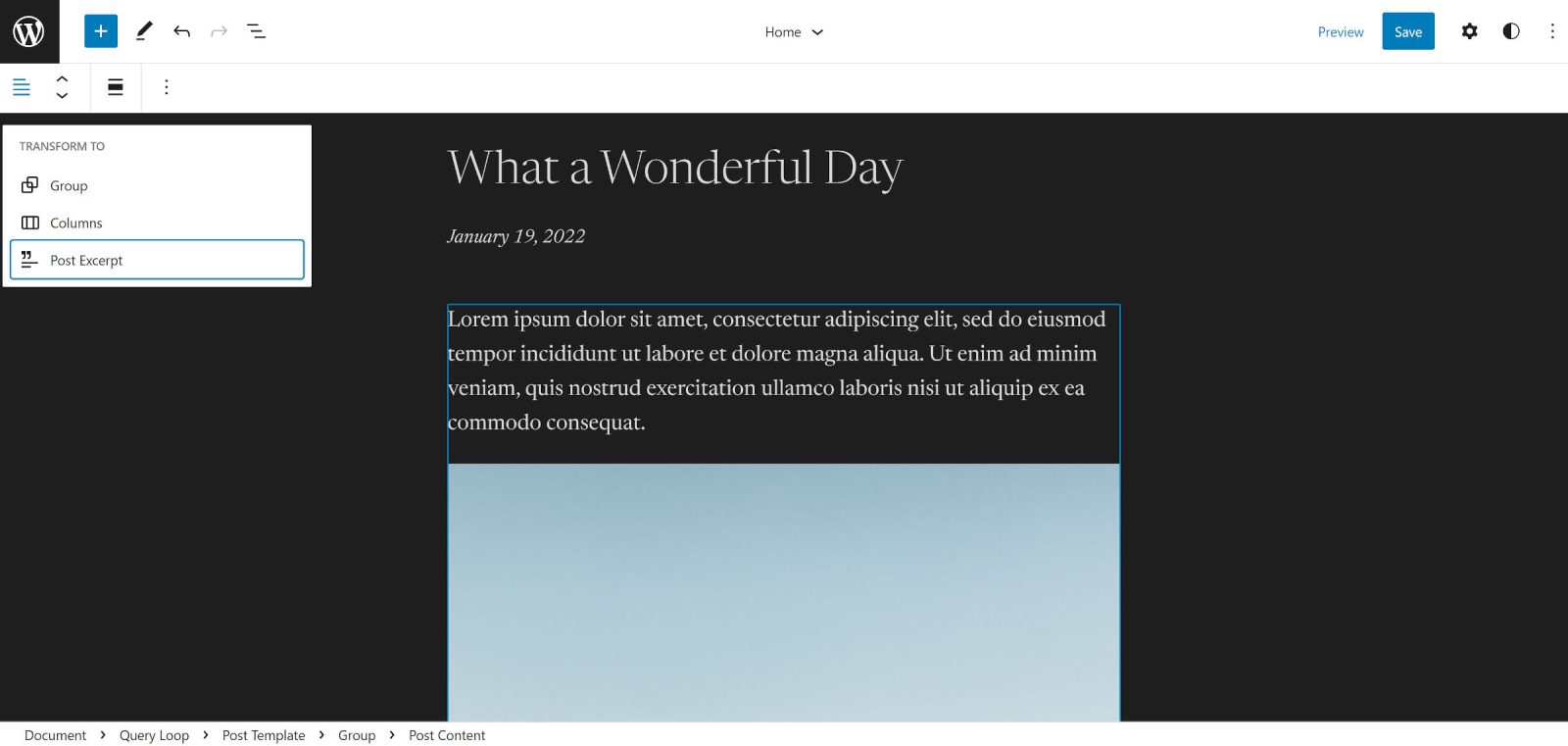 WordPress site editor with the Post Content block selected. In the toolbar, the