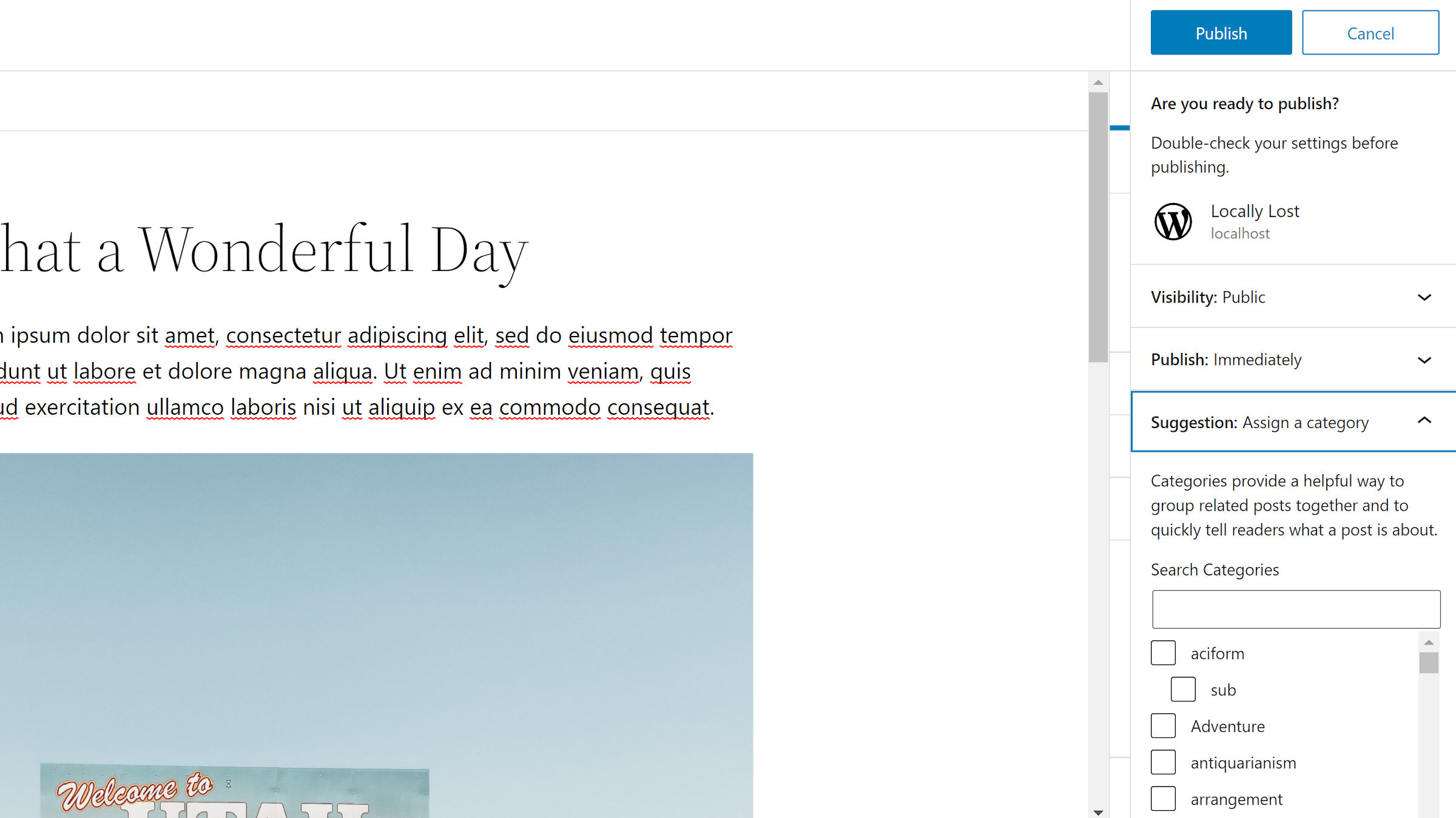 WordPress post editor as shown before publishing.  In the right panel, the pre-publish checklist is shown.  The highlighted area shows a tab with the suggestion of selecting a category.