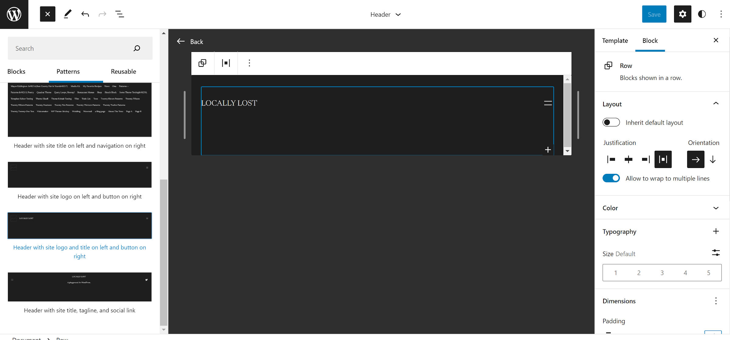 WordPress site editor when viewing the Header template part. On the left, the patterns panel is open. On the right, the block options panel is open.