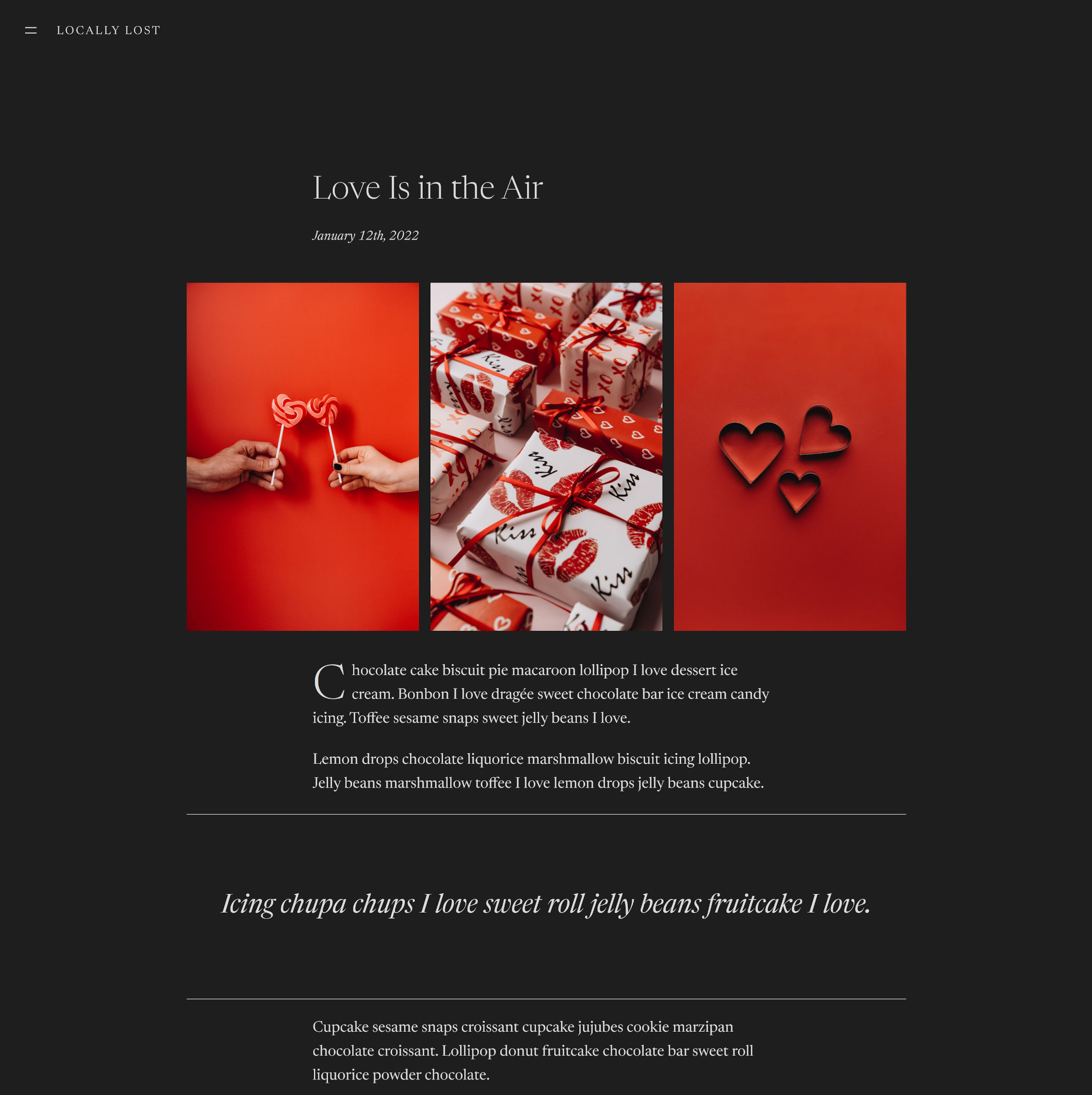 Single blog post with title and date at the top. The content has three Valentine's-related images in a gallery before written content.