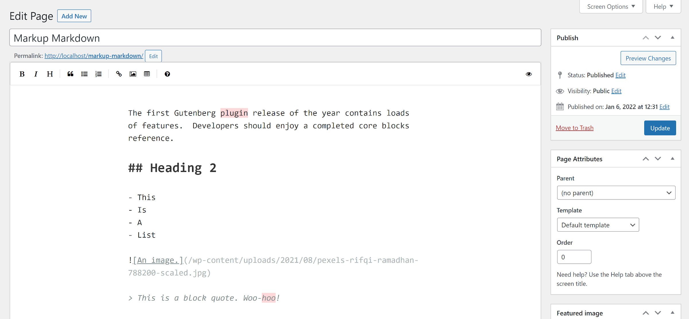 WordPress editor with narrow Markdown editing canvas.