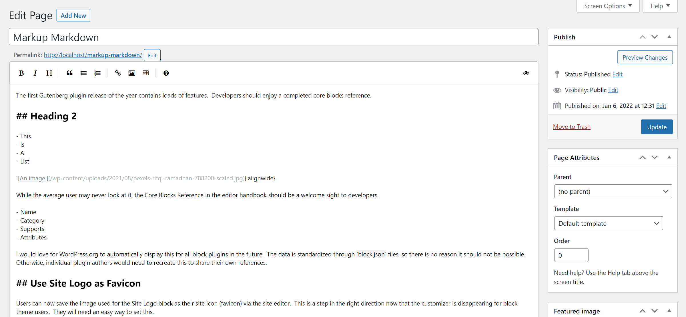 WordPress post-editing screen. The editor canvas has been replaced with a Markdown editor.