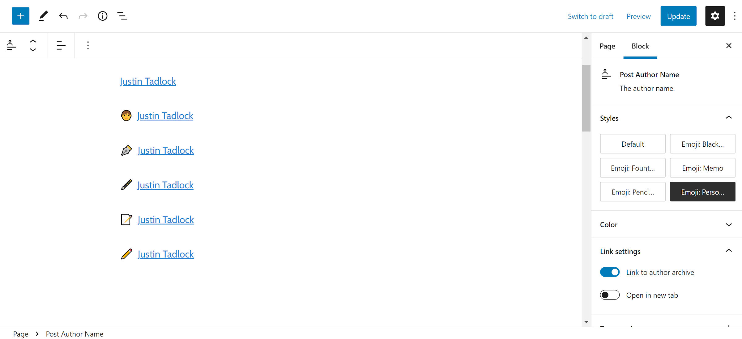 Several demos of the Post Author Name block shown in the WordPress editor. The first is the normal block. The next five have emoji icons before the author name.