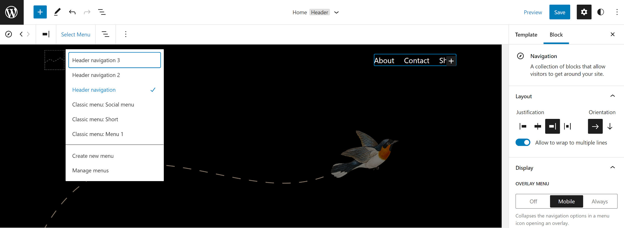 Navigation block selected and open in the WordPress site editor.