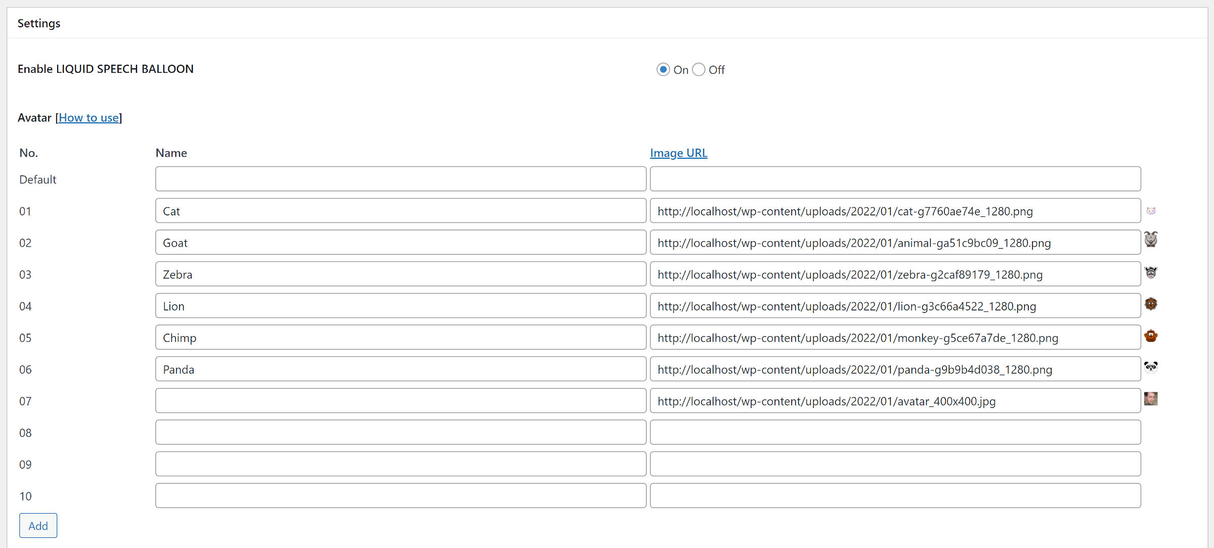 10 rows of input fields in a settings form. Each row has a Name field and an Image URL field.