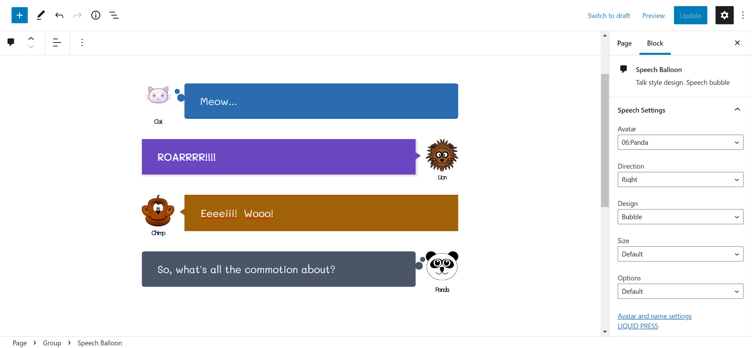 Four rows of speech balloons with cartoon animals making sounds. Includes a cat, lion, chimp, and panda.