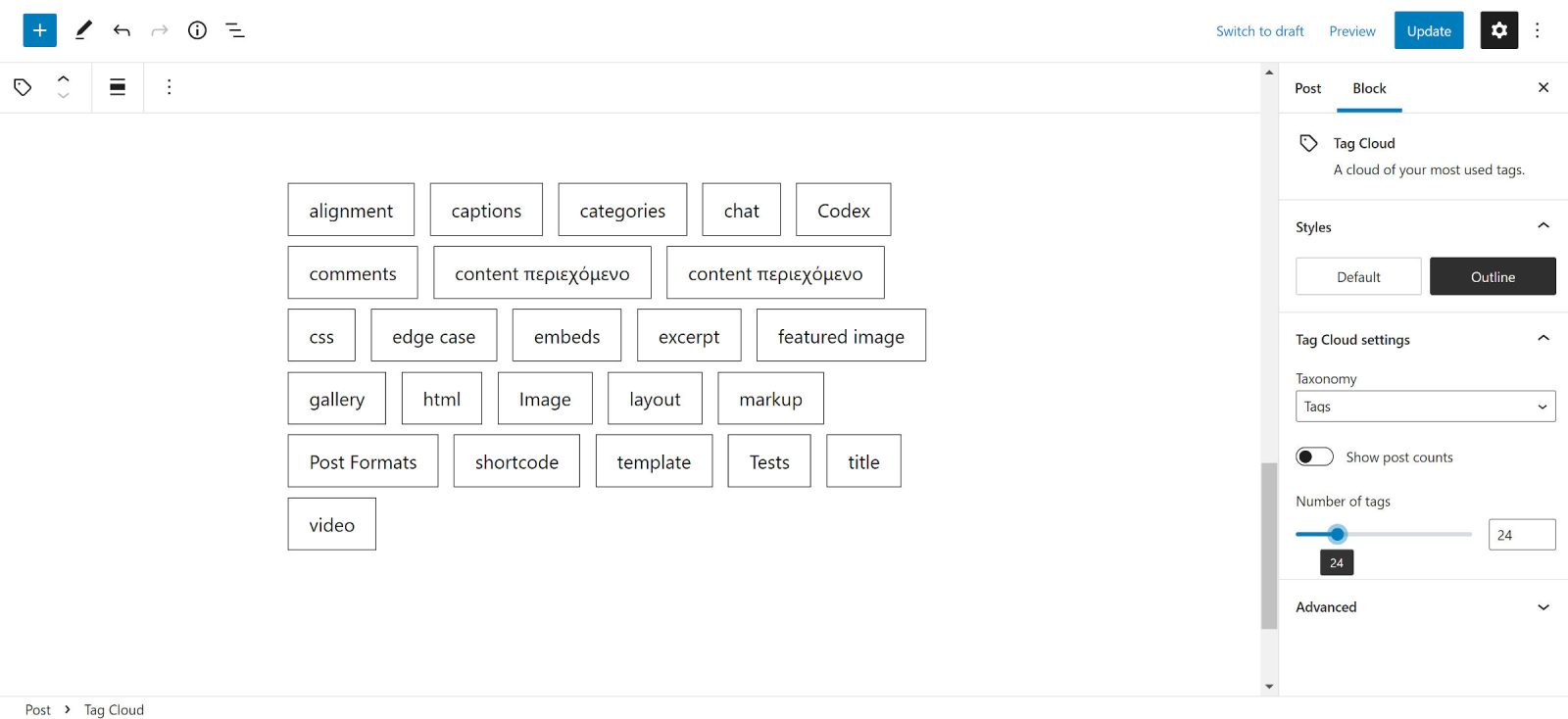 WordPress post editor with a Tag Cloud inserted into the canvas. On the right, the Outline style is selected, which adds a border around each of the tags in the cloud.