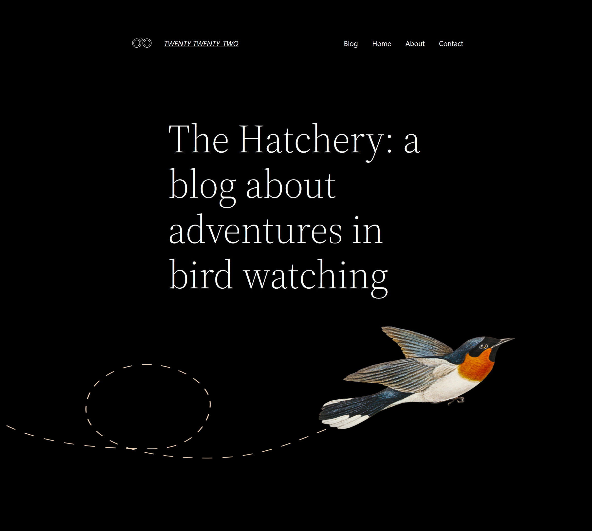 About page design with a logo, title, and menu at the top. Following that is a large intro section and a picture of a bird.