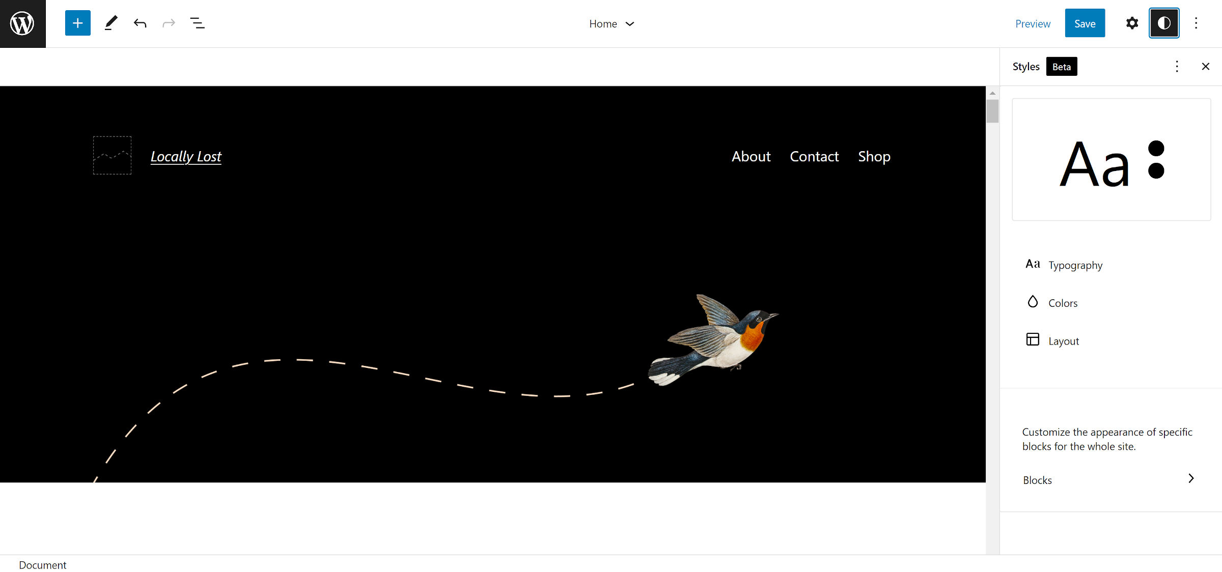 WordPress site editor open to the home template. The global styles panel is open on the right with options for typography, colors, and layout.