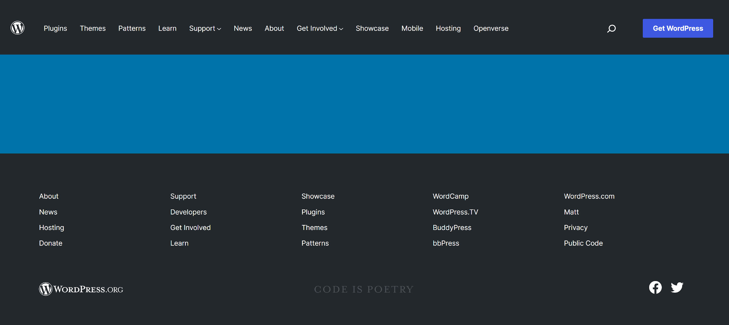 Screenshot of the header and footer navigation sections from WordPress.org with the content removed. The header is a horizontal list of links. The footer is a 5-column grid of lists with four links each.