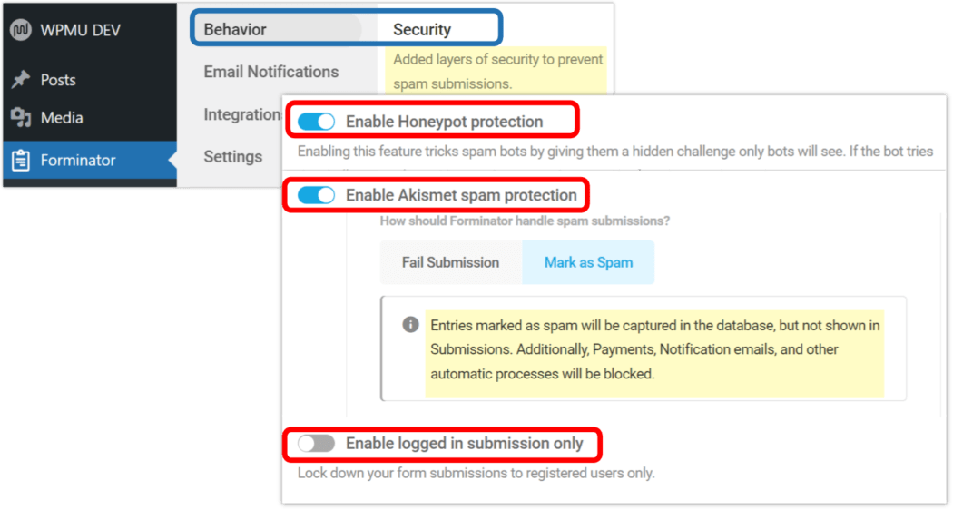enable honeypot & akismet