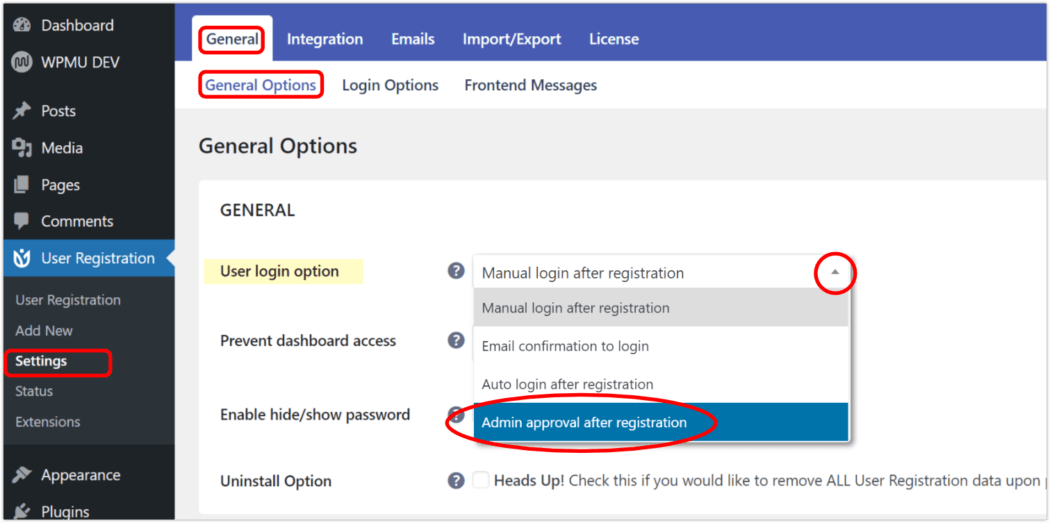 Choosing the option for Admin approval after registration.
