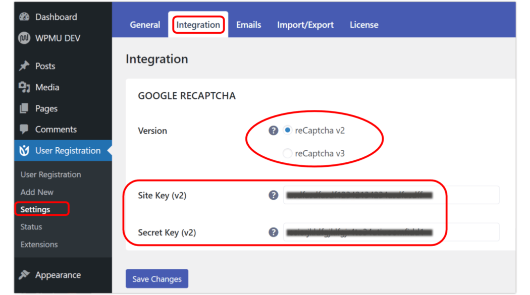 Site and secret key APIs are needed to use reCAPTCHA in the User Registration plugin.