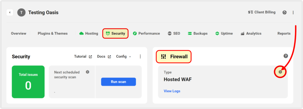 Settings for WAF via The Hub’s security tab.
