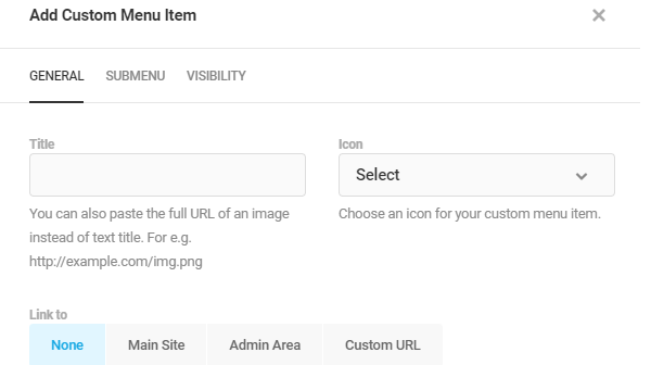 Screenshot of the the option to select a title and icon for a custom admin menu item.