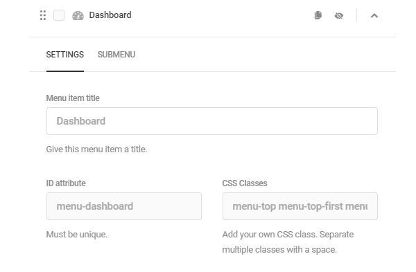 Screenshot of the option to change the ID and class of the menu item.