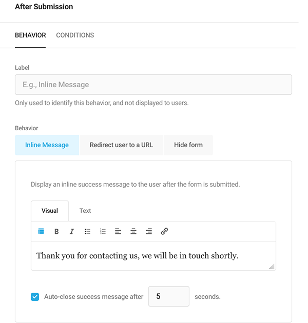 A thank you message for after submission.