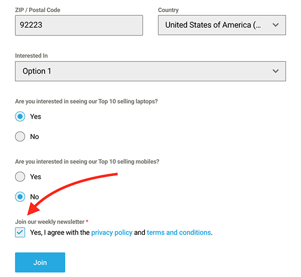 A view of the checkbox on the form.