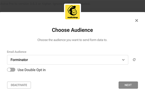 Where you choose a Mailchimp audience.