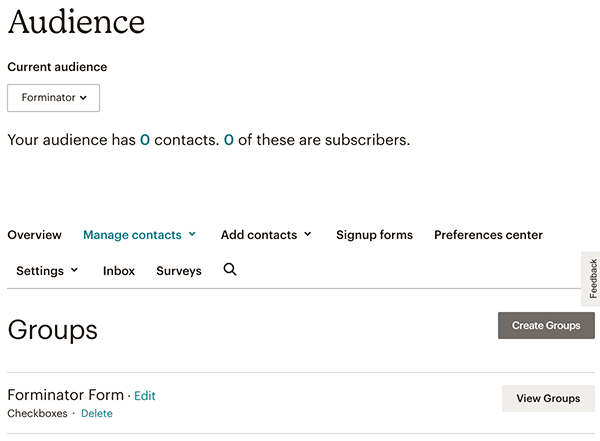 The groups area of Mailchimp.