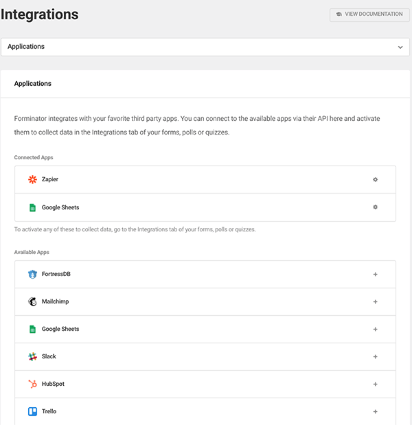 A view of all available integrations.