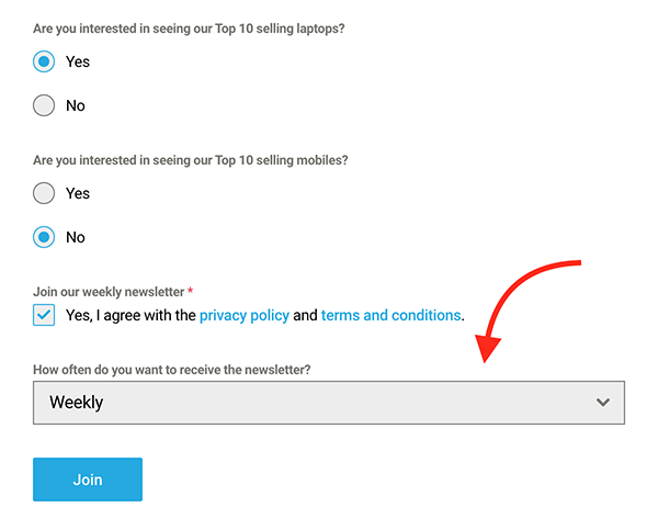 Where a user can choose newsletter frequency.