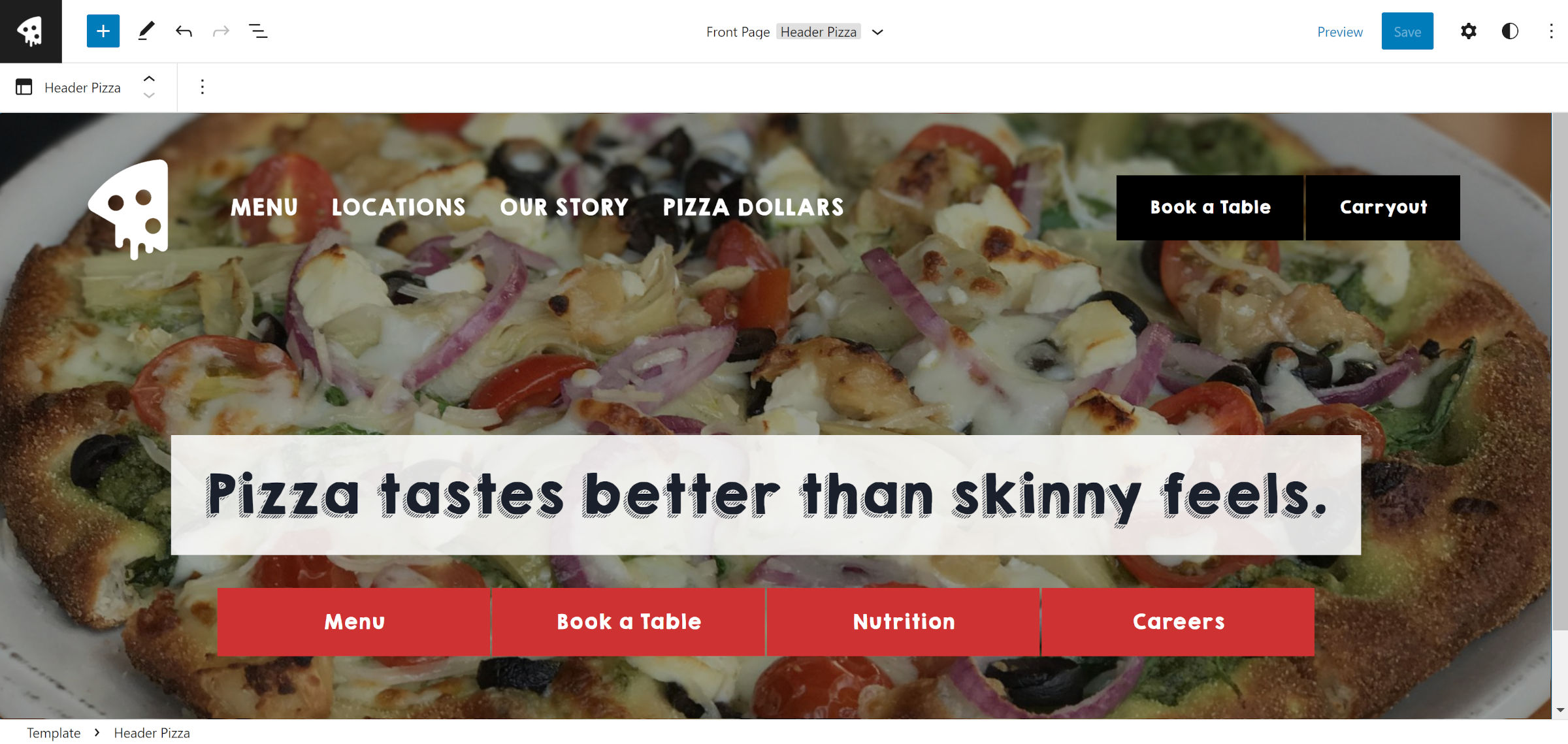 Pizza restaurant header within the site editor.  The current view of the header template is selected.
