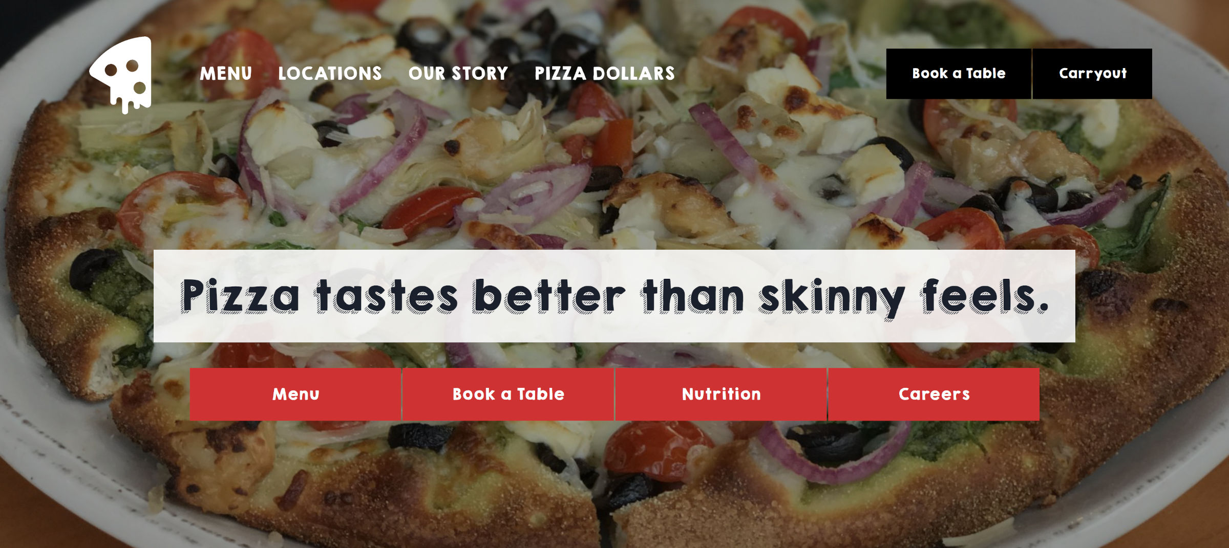 Pizza restaurant header with a logo, menu, and buttons at the top right. In the middle is a demo slogan followed by another button-like menu.