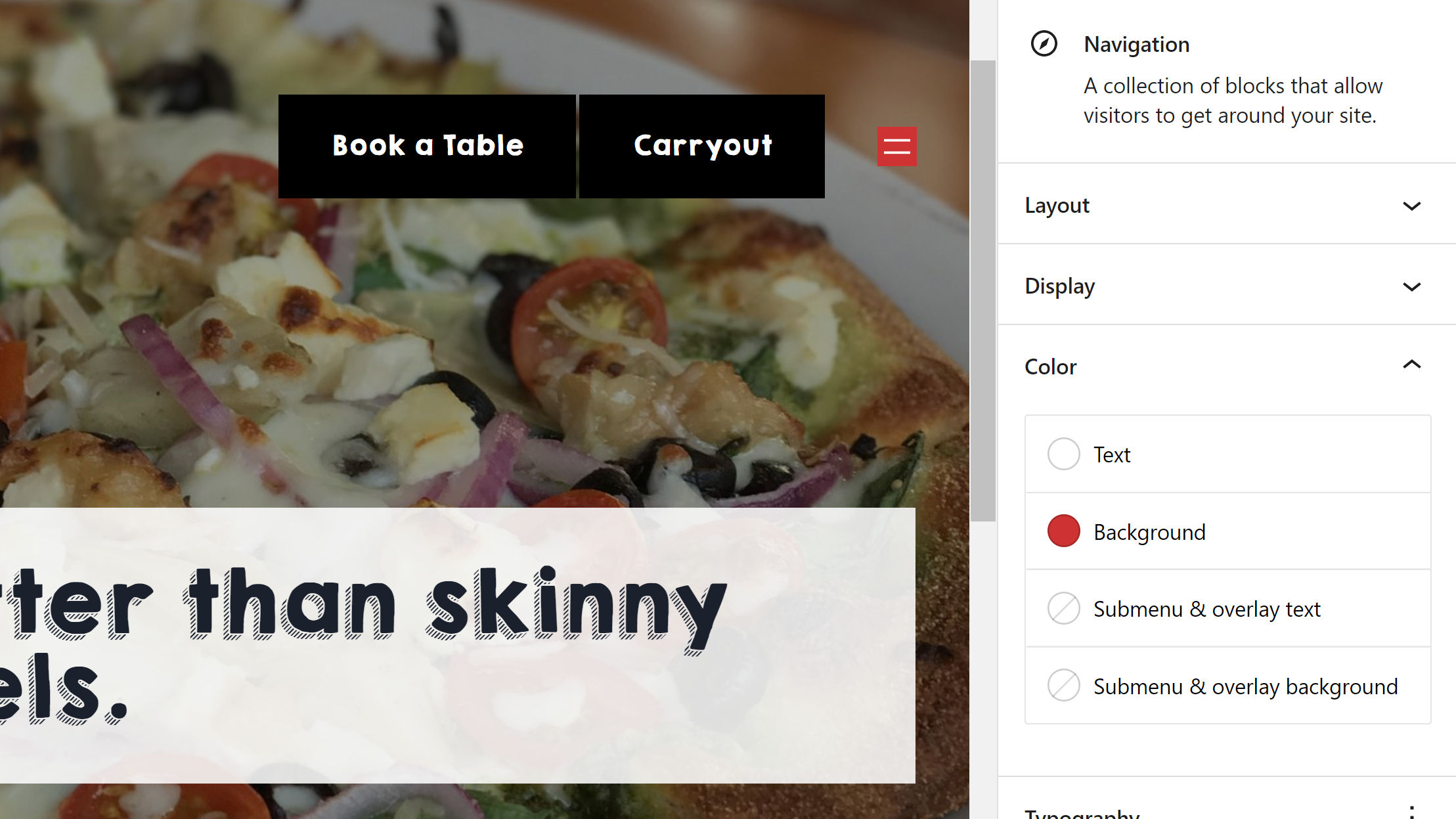 WordPress site editor with a mobile-only Navigation block highlighted.  It is aligned to the right of a Buttons block.