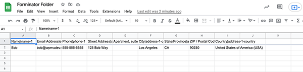 Information in the spreadsheet from Forminator.