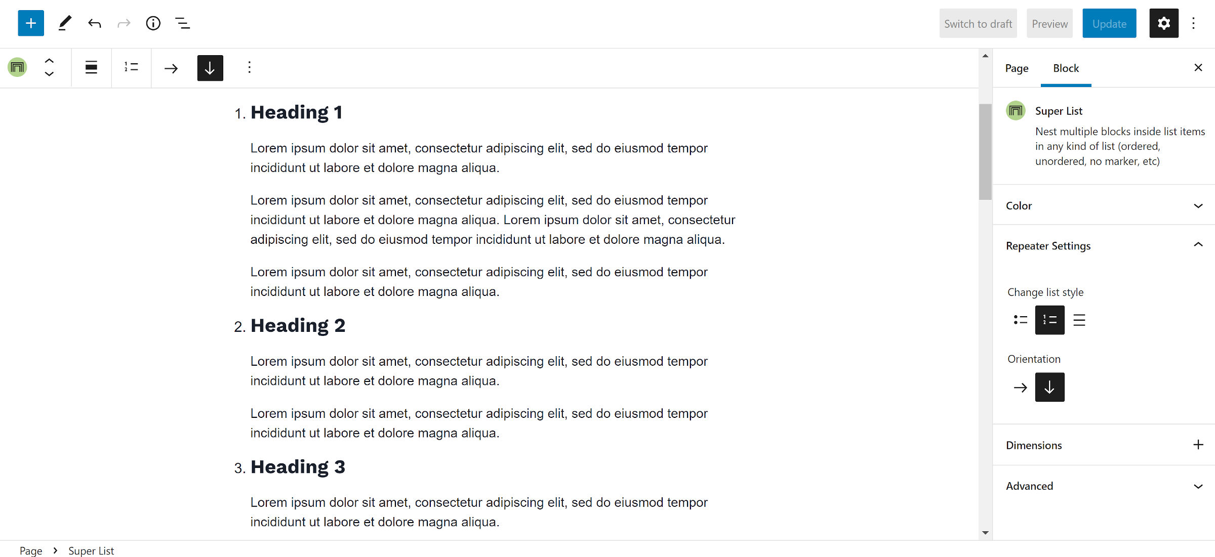 Ordered list in the WordPress editor with three items.  Each has a heading and faux demo content in paragraphs.