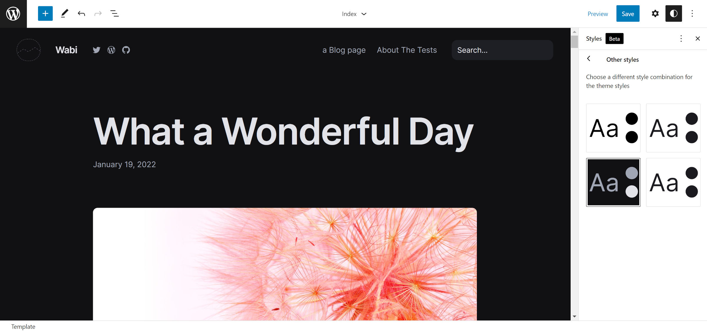 WordPress site editor open with a dark color scheme. On the right, four different style cards are selectable.
