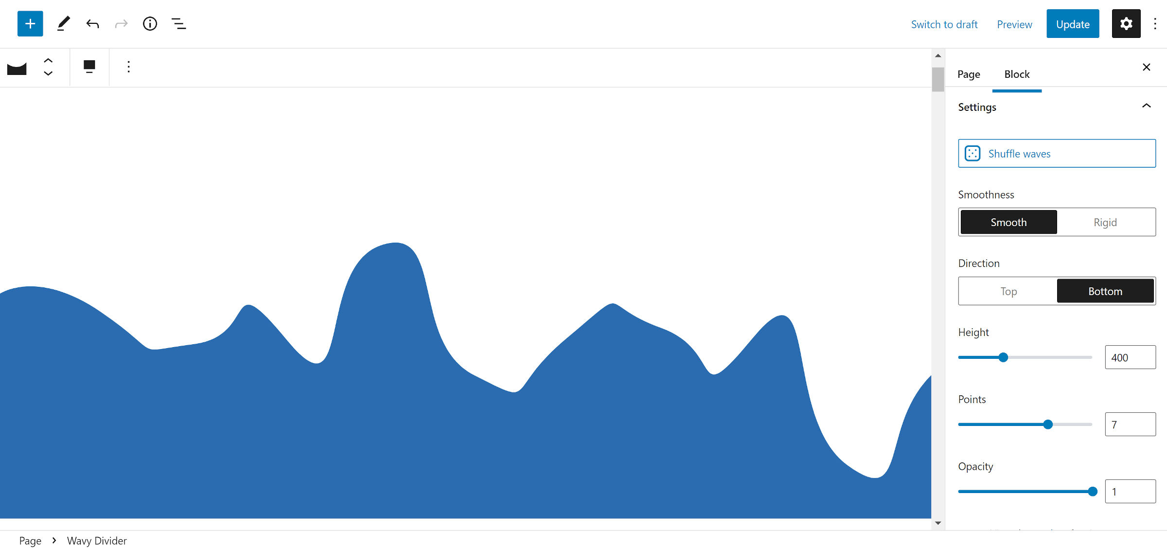 Wavy Divider in the WordPress block editor, a colorful section for breaking up content.