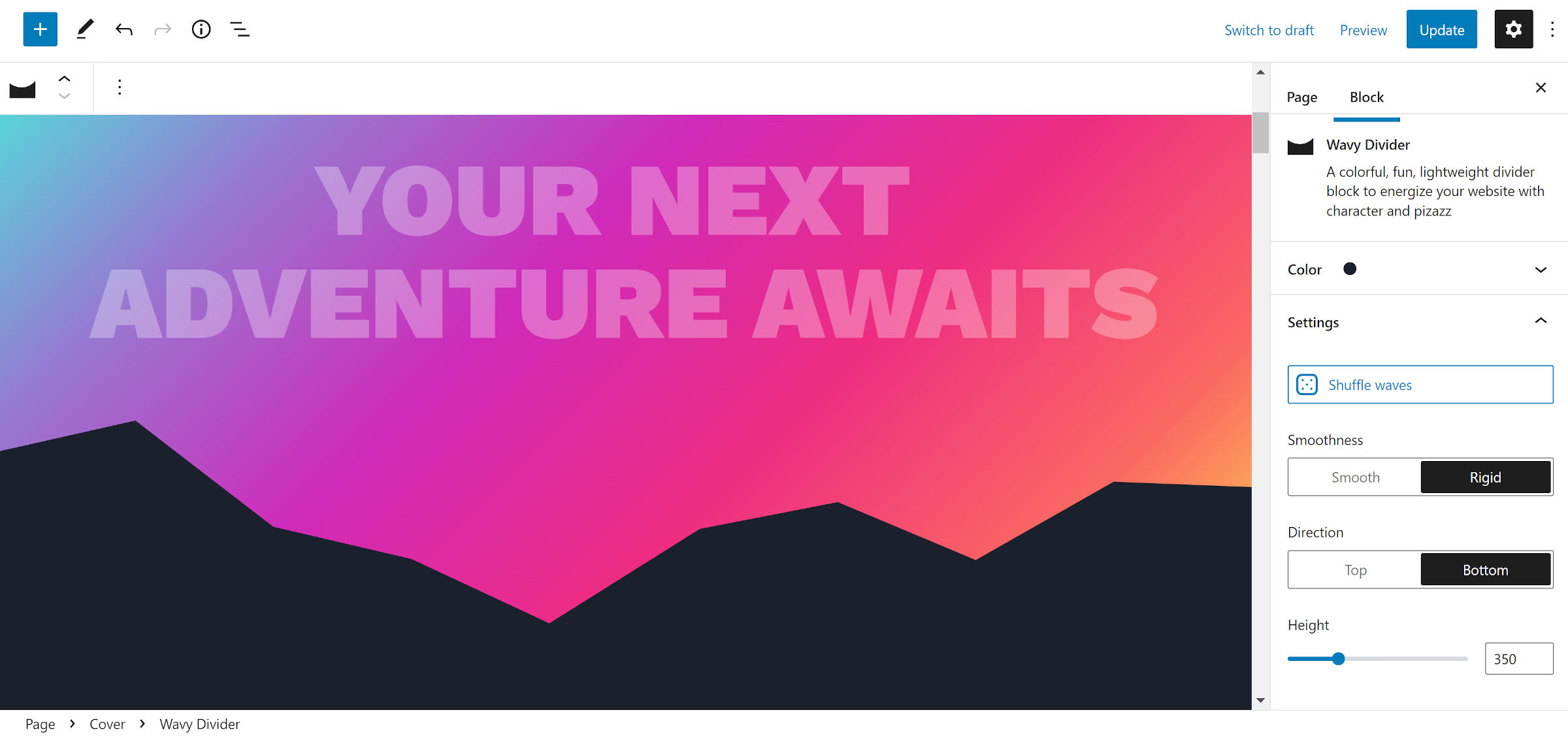 Section with sunset gradient background on top of a mountain-shaped black divider.