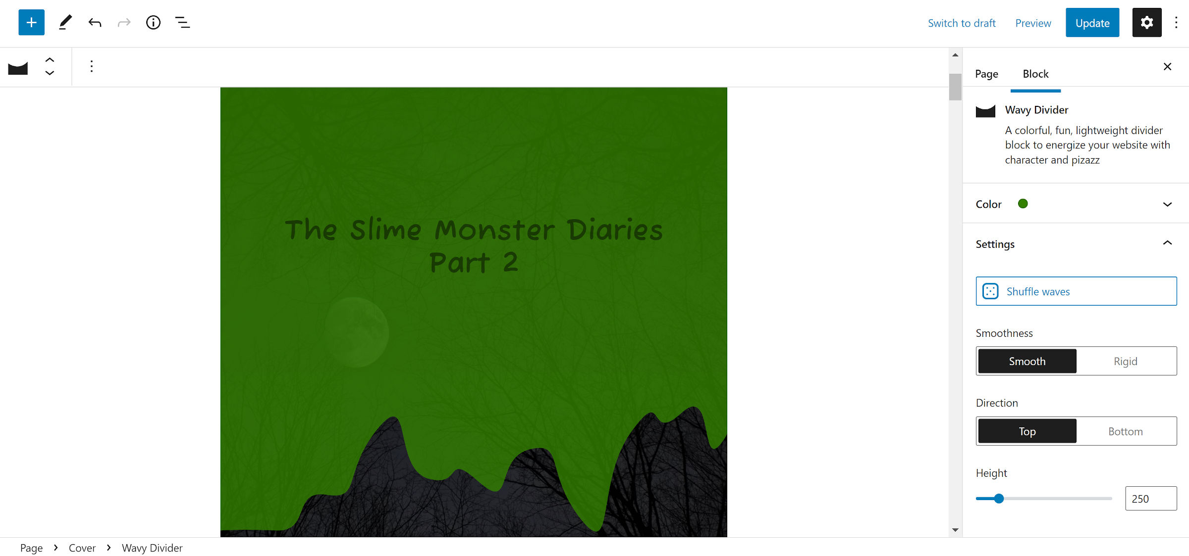 A portrait-oriented box with the woods and moon faded into the background.  Covering it is a green slime running from top to bottom.