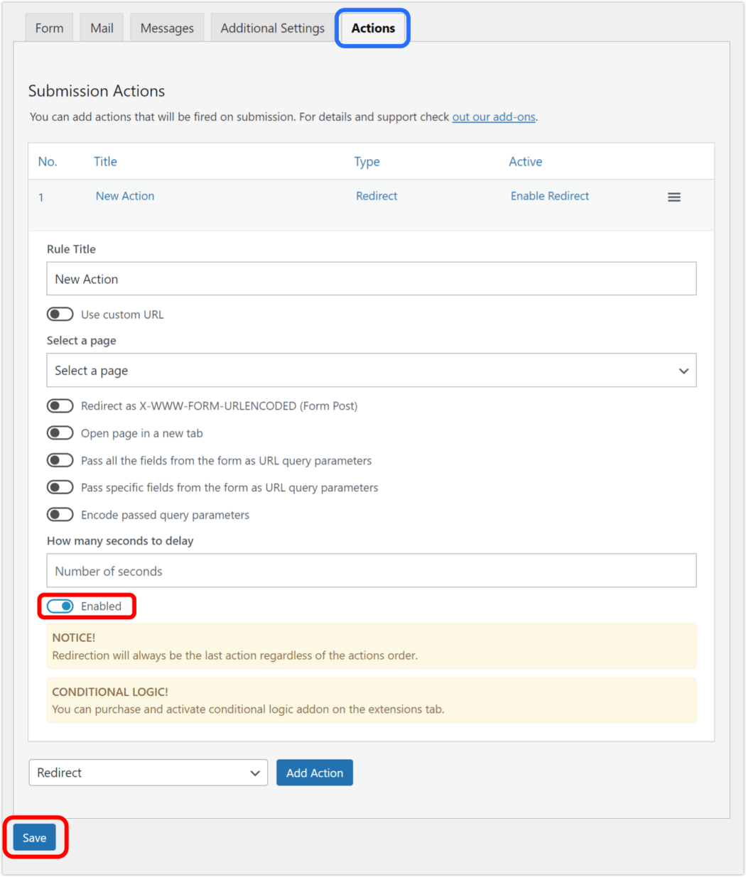 Contact form 7 Redirection plugin options