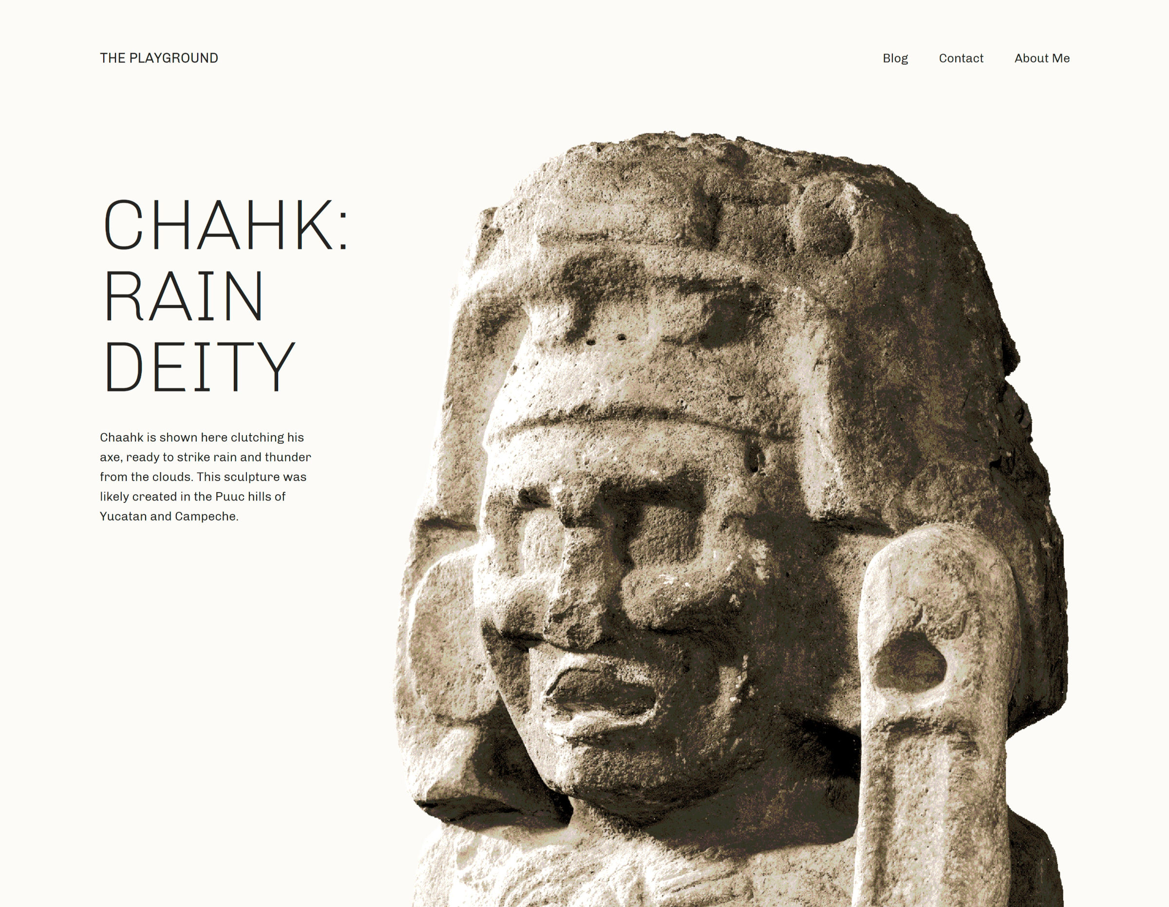 A sculpture of a deity from Mayan culture inside of a a two-column design with text on the left.