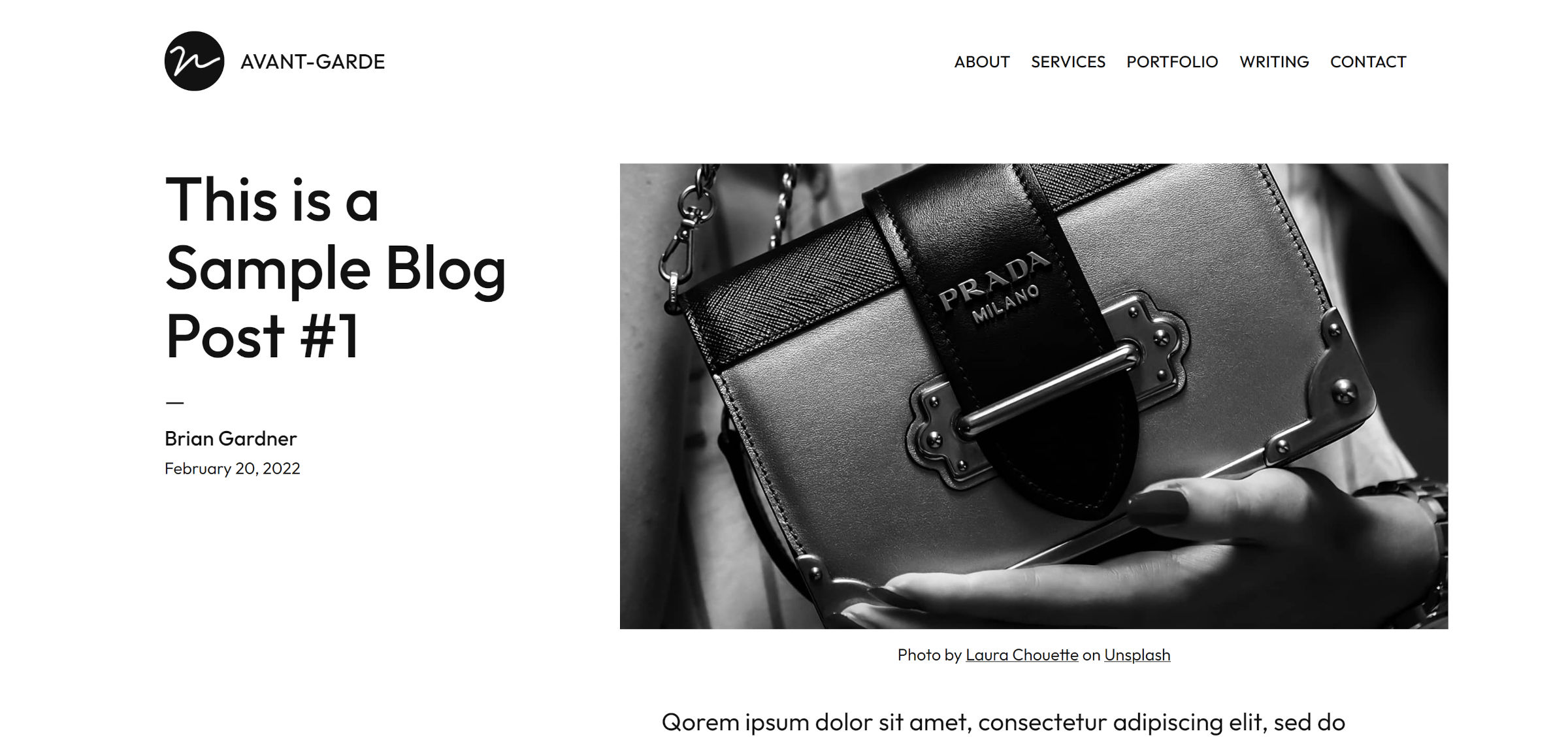 Single blog post.  The title, author, and date are on the left.  An image and text content on the right.