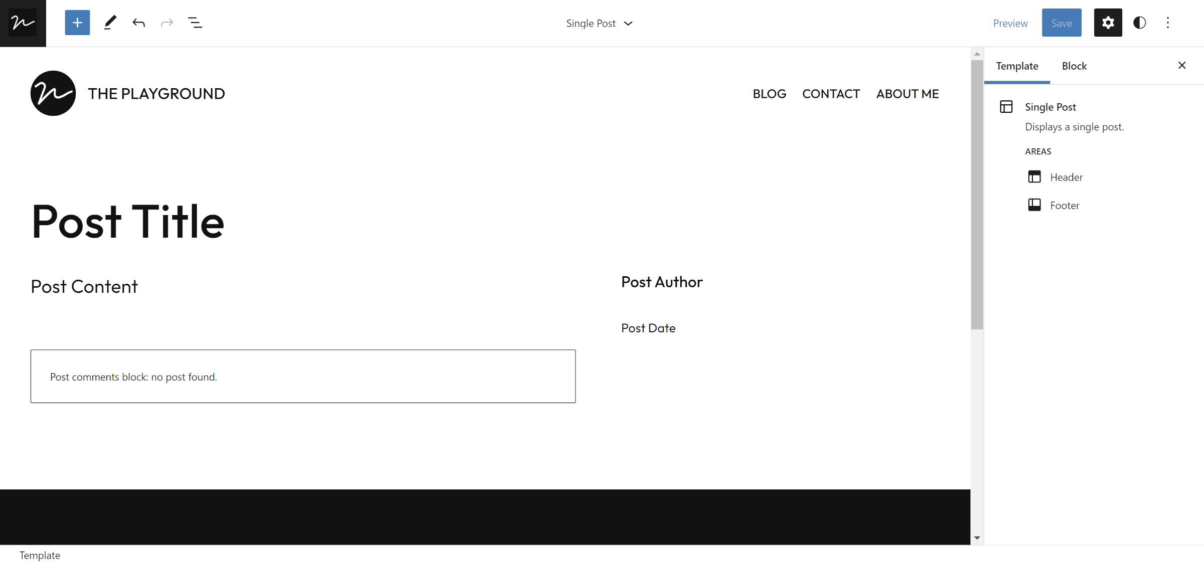 WordPress site editor opened to a two-column single post template.