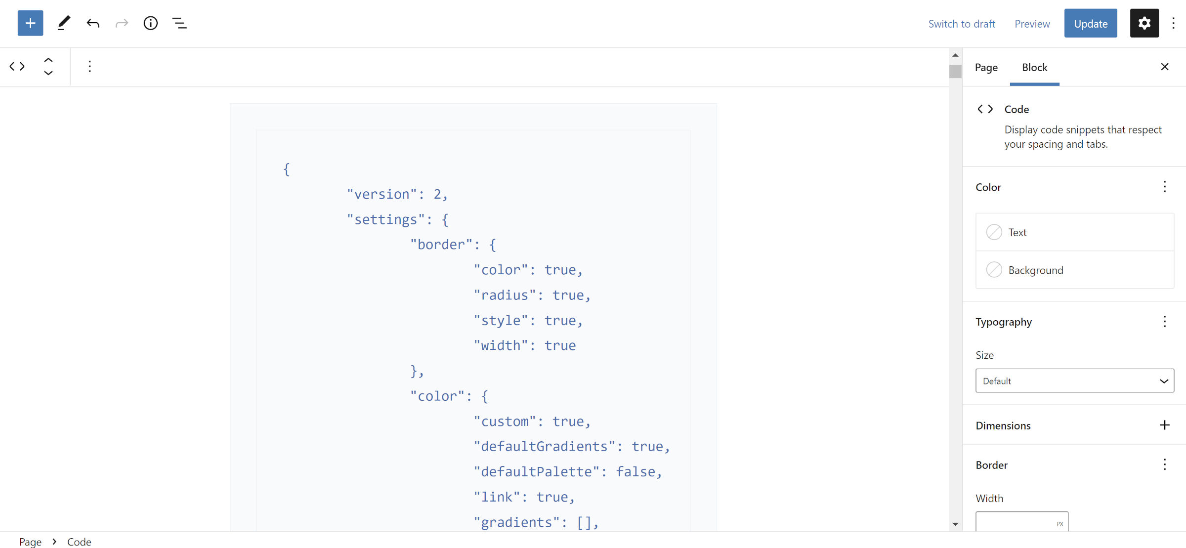 Code block in the WordPress post editor, which has double borders and padding.