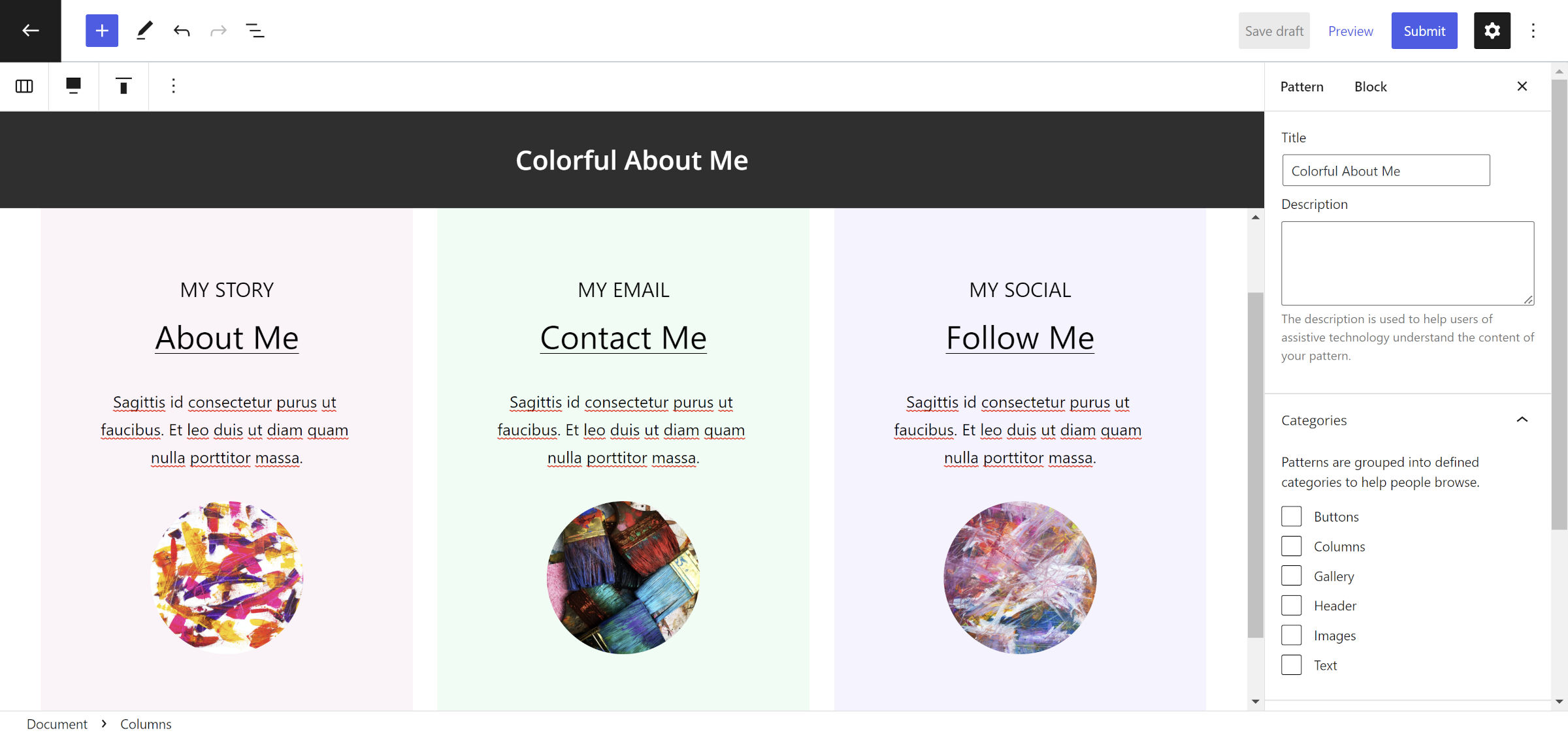 Inside of the WordPress pattern creator. The content canvas shows three columns with about, contact, and follow sections.
