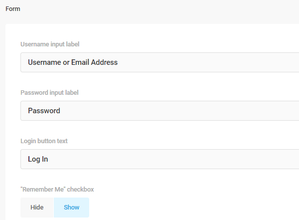 Screenshot of the form labels and the options which allow you to change the text.