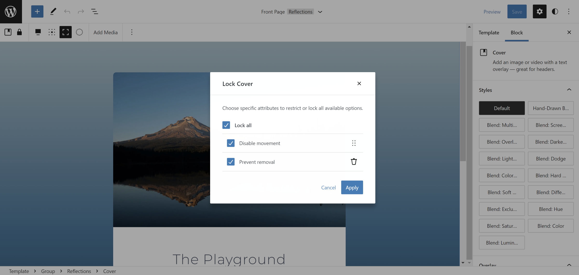 WordPress site editor. Block Lock popover is open with options selected to disable movement and prevent removal of a block.