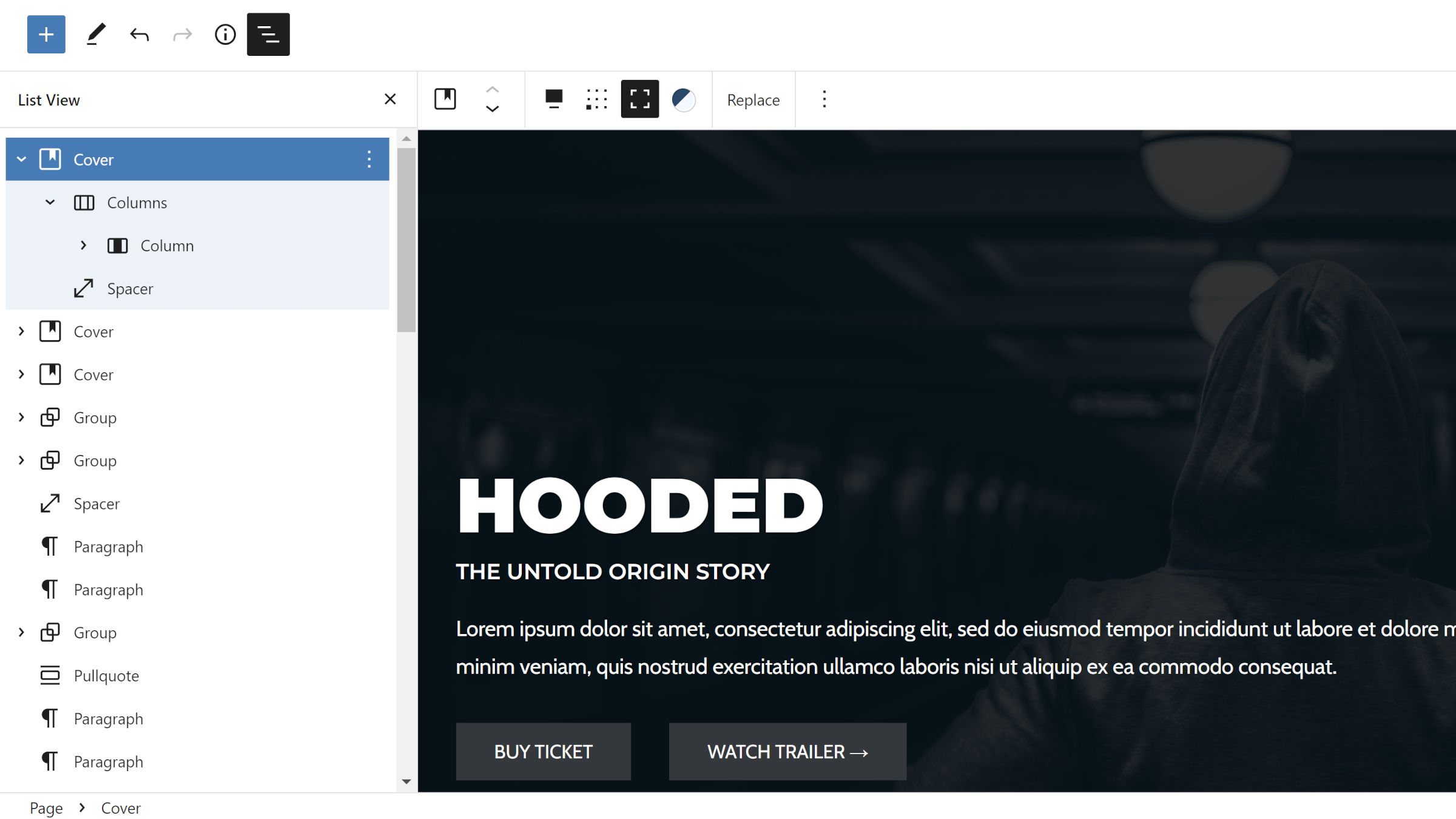 WordPress block editor with the list view panel opened on the left.  Its blocks are collapsed by default.