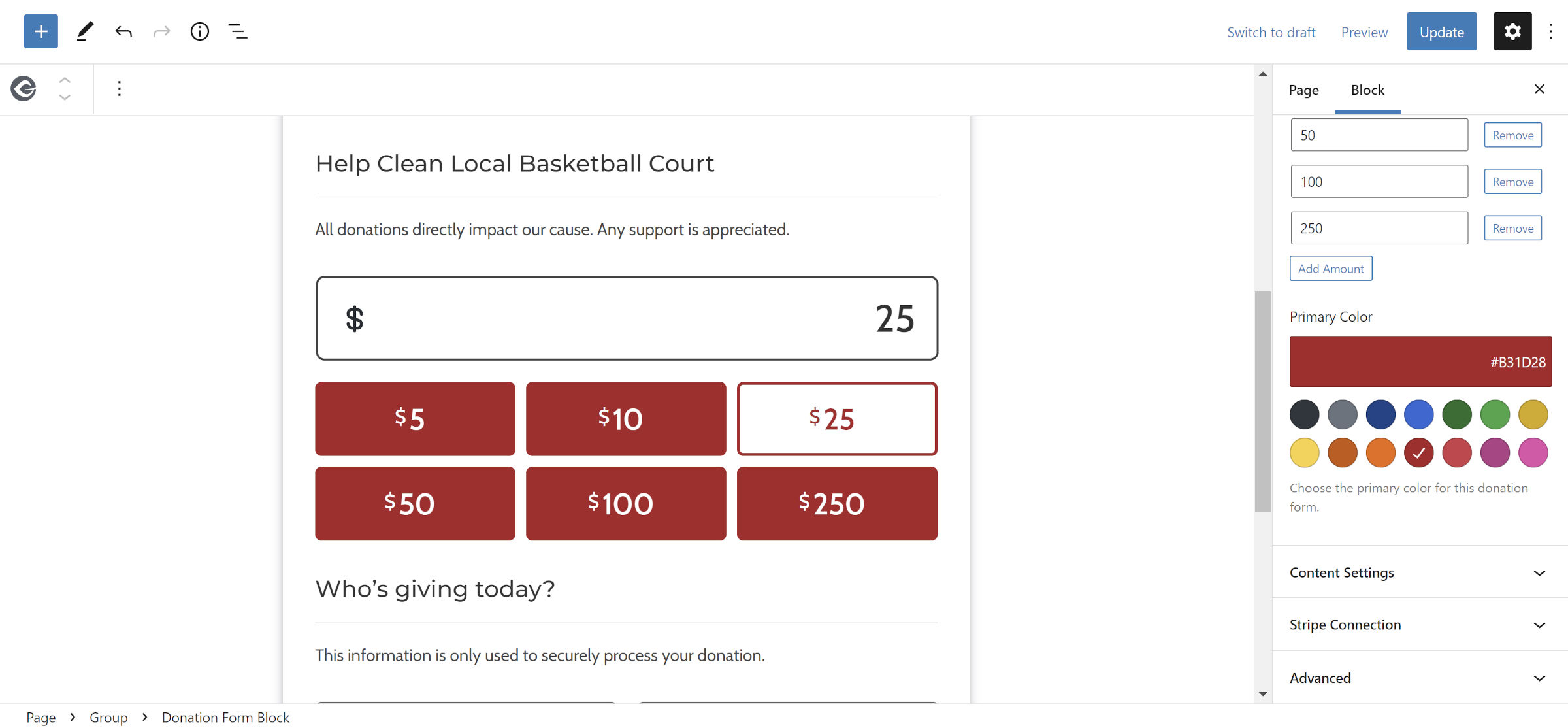 Colored buttons in the WordPress editor inside of a donation form.  The sidebar color option shows custom colors instead of theme/user-registered ones.