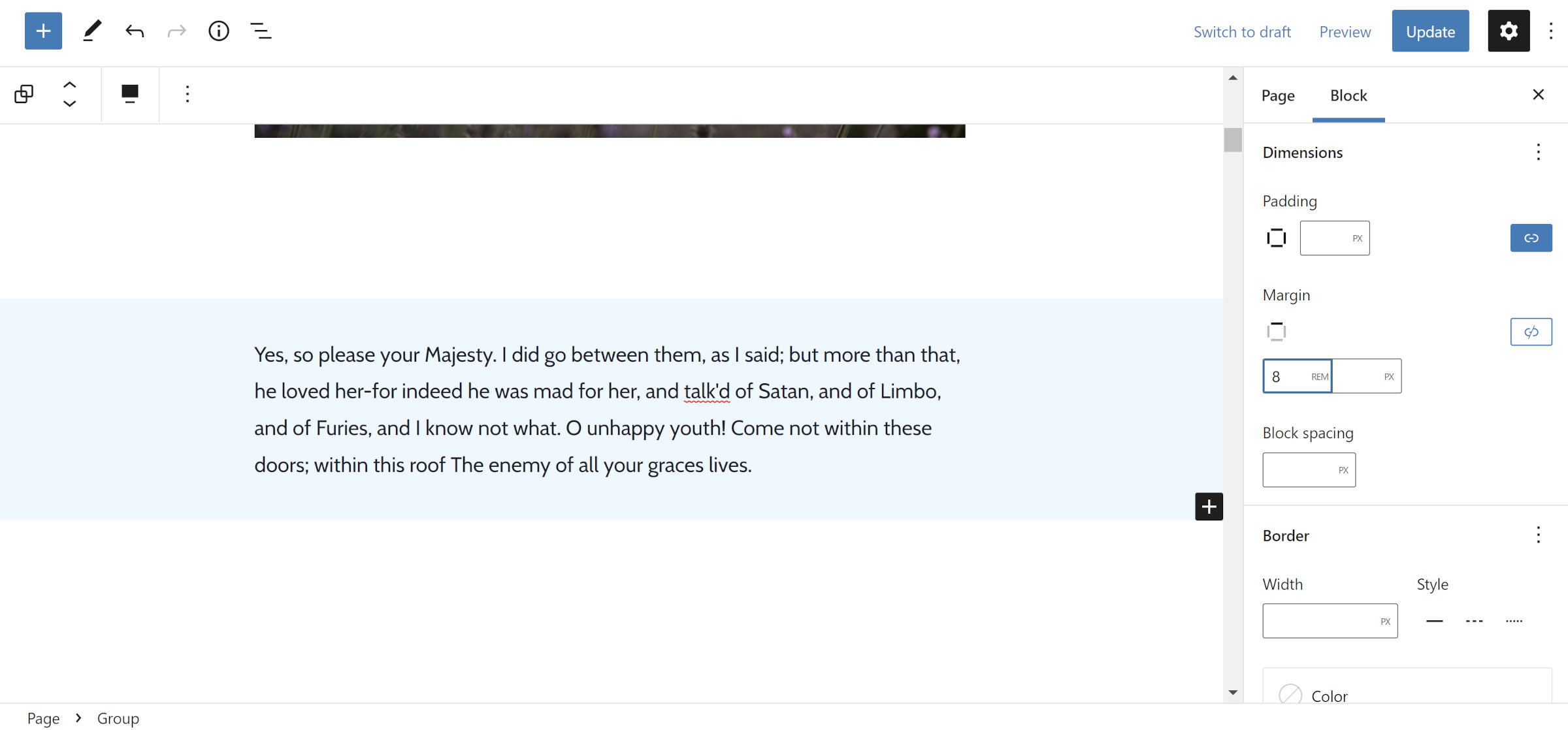 WordPress content editor with a Group block in the center.  It shows a lot of white space above it.
